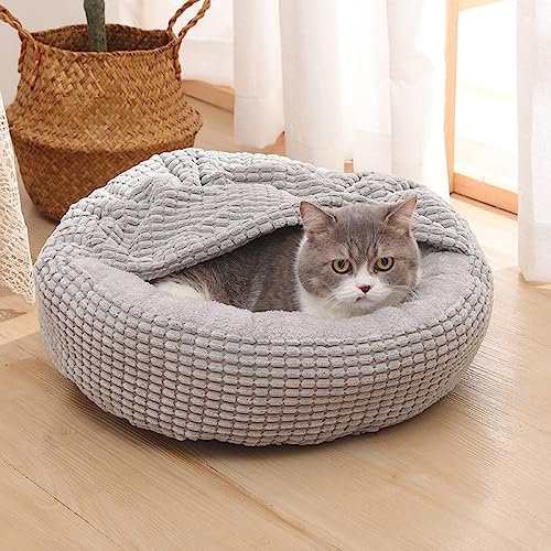 Nyescasa Hundebett Katzenbett mit Kapuze Hundematte Katzenschlafplatz Hundesofa Katzensofa Hundekörbchen Katzenkissen Hundekissen Runde Waschbar rutschfest für Kleine Hunde Katzen Grau 40 * 40 * 22cm