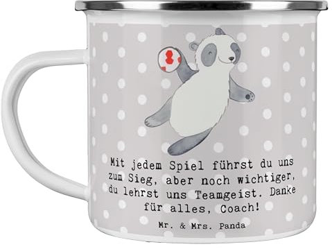 Mr. & Mrs. Panda Camping Emaille Tasse Handball Trainerin Dankeschön - Geschenk, Coach, Camping Becher Edelstahl, Metall Tasse, Motivation,