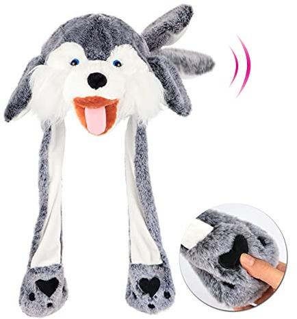 Bubblepompom Wolf Hat with Ears Moving Jumping Pop Up Beating Hat Plush Holiday Cosplay Dress Up Funny Party Gift for Kids Boys Girls, Gray, 22''