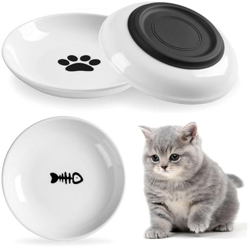 Pavlleen 3 Stück Katzennapf Keramik, mit Rutschfestem Gummiboden,Flacher breiter Futter- und Wassernapf für Kätzchen, Anti Whisker Fatigue Katzengeschirr Set, für Katzen und Kleintiere