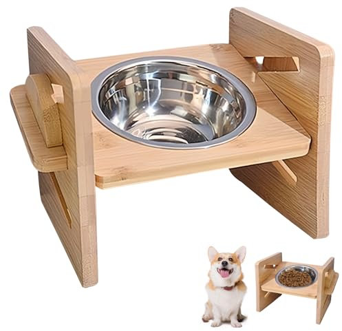 WIYETY 4 hauteurs Gamelle surélevée pour chien : Station de nourriture en bois avec gamelle en acier inoxydable, mangeoire pour chien, gamelle réglable pour grands, moyens et petits chiens