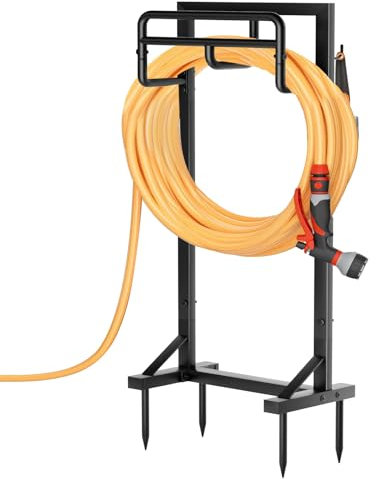 Garden Hose Holder with Stable Base and Tool Hooks, GAVISCITY Heavy-Duty Metal Hose Hanger Garden Hose Storage Holds 151Ft Hose, Rustproof Freestanding Water Hose Holder for Outside, Yard, Lawn, Black