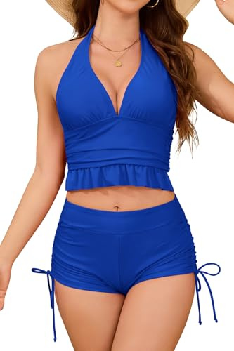SHEKINI Women's Two Piece Bikini Sets Deep V Halter Neck Swimsuit High Waisted Ruched Side Bikini Bottom Plus Size Swimwear Bathing Suit Royal Blue