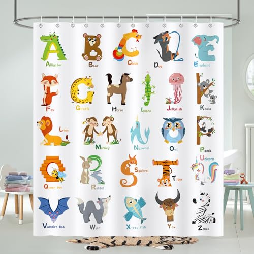 COZZSNUGE Kids ABC Shower Curtain, Colorful Cartoon Animal Alphabet Educational Bathroom Curtain 180 x 180 cm, Water Repellent Mildew Resistant Polyester with 12 Hooks