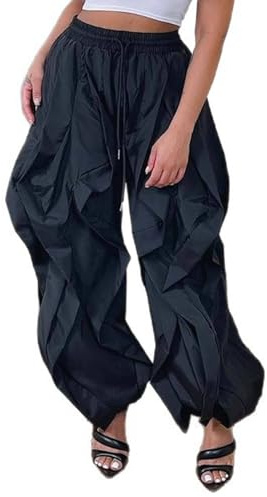 LETSVDO Women's Baggy Ruffle Fringe Pants Drawstring Elastic Waist Barrel Balloon Lantern Parachute Wide Leg Jogger Trousers Black