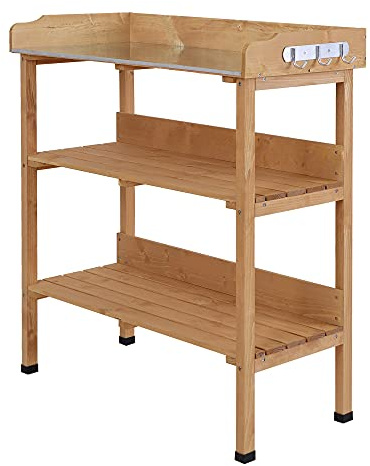 Outsunny Mesa de Plantación de Madera de 3 Niveles, Mesa de Jardinería con Placa Metálica, 2 Estantes y Ganchos, Resistente a la Intemperie, para Jardín, Terraza, Balcón, 76x37x89 cm, Natural