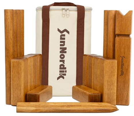 SunNordik Kubb Juego de lanzamiento vikingo, juego de ajedrez sueco hecho de madera de caucho de alta calidad, incluye bolsa de lona e instrucciones de juego, juego robusto de Kubb Yard para niños y