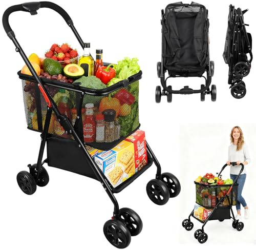 Folding Shopping Trolley with 2-Tier Storage, Multi Use Grocery Carts with 360° Wheels & Removable Tote Bag for Shopping Laundry, Camping Gear etc