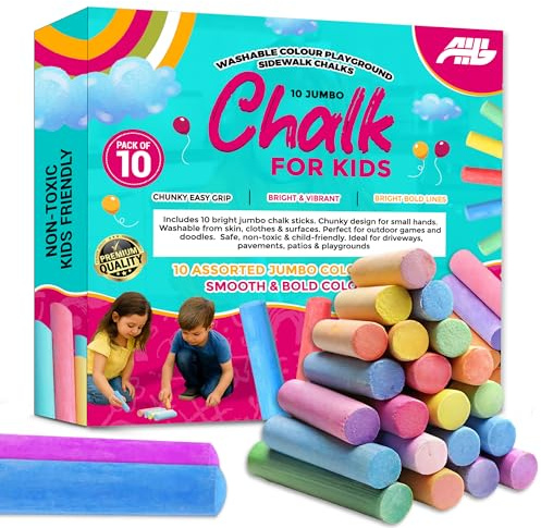 AHG 10 Jumbo Chalks for Kids – Giant Chunky Outdoor Pavement Chalk – Washable Colour Playground Sidewalk Chalks – Garden & Driveway Summer Toys for Children Aged 3+