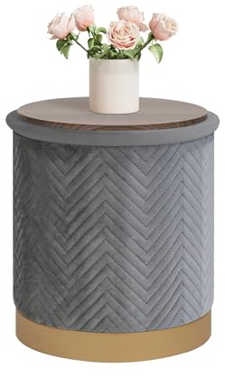 Bonlife Round Ottoman with Storage Pouffe, Folding Foot Stool with Lid,Velvet Vanity Stool for Living Room,Bedroom,Entryway,Grey,37.5x37.5x42.5cm