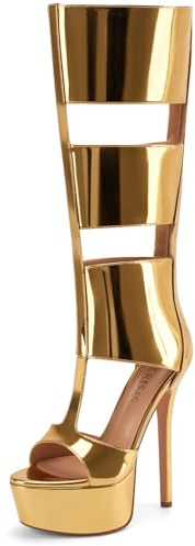 Perisis Platform Knee High Gladiator Sandals for Women Sexy Open Peep Toe Stiletto High Heels Fashion Summer Party Dress Boots with Zipper(Gold Patent,7.5)