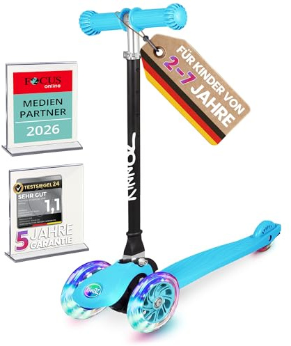 Kinderroller kinnaz ONE, LED Räder, Faltbar, Mitwachsend, 2-7 Jahre, Focus Empfehlung, Roller Kinder 2 Jahre, ab 3 Jahre, Tretroller, kein Wegwerfprodukt, über 100000 verkauft, aus Hamburg