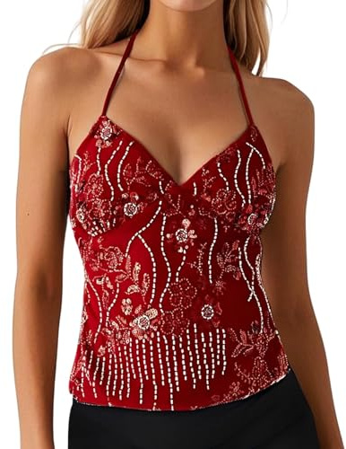 Débardeur Dos Nu Scintillant Style années 2000 pour Femme, Col en V Crop Tops sans Manches Débardeurs, orné de Perles, idéal pour l'été, Les Festivals, Les soirées ou Les Occasions spéciales