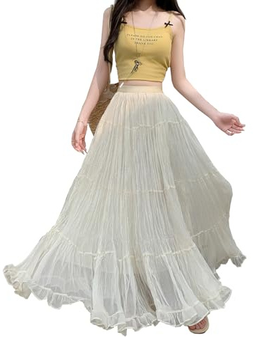 Gonna Lunga Carina Donna Vita Alta A Linea Fluida Pieghettato Vita Elastica Estate Boho Maxi Gonne Solida Colore Skirt Albicocca