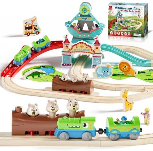 Lehoo Castle Battery Operated Wooden Train Set, Toys for Boys Age 3+ | 34Pcs Amusement Park Track, Motorised Dinosaur Train Set, Compatible with Most Major Wooden Railway Sets