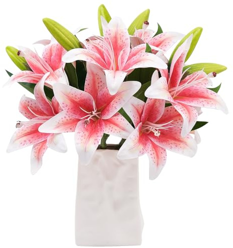 Vidoxdu Set med 5 st konstgjorda liljor, kort stam, falska liljeblommor med 10 blommande blomhuvuden och 5 knoppar för blomsterarrangemang, bukett gör-det-själv hem bröllopsfest (rosa)