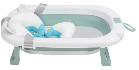 Chrees Foldable Bathtub for Toddlers, Collapsible Baby Bath, Shower Basin for Toddlers with a Bathing Mat and Temperature Display, Baby Tub 0 to 12 Months (Green)