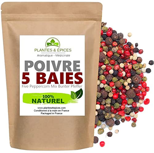 Poivre en Grain 5 Baies 100% naturel - Mélange Poivre Moulin 5 Baies - Sachet Fraîcheur Biodégradable Refermable (50G)