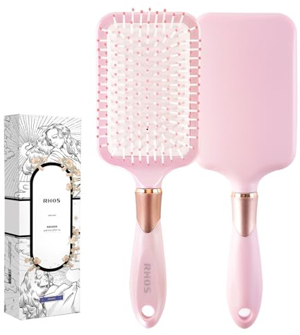 RHOS Paddle Brush for Women & Men - Detangler for Thick, Curly, Long, Wet & Dry Hair - Nylon Bristles Square Cushion Brush for Smoothing and Detangling (1 Pack - Pink)
