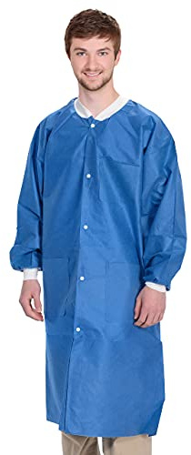 EZGOODZ Disposable Lab Coats. Pack of 100 Blue Adult Work Gowns 2X-Large SMS 40 gsm PPE Clothing with Snaps Front, Knit Cuffs & Collar, 3 Pockets. Unisex Full Body Protective Workwear in Bulk