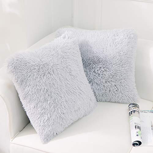 NordECO HOME 2er Set kissenbezüge 45x45 Kissen Grau Künstlich Pelz Fellkissen Dekorative Deko Kissen Kuschelkissen Flauschig Sofakissen Weich Plüschkissen für Sofa