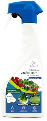 GebEarth® | Rame e Zolfo Per Piante Spray 1L | Integratore per Piante contro Ingiallimenti, Carenze, Macchie Brune, Oidio e Peronospora | Sicuro in casa e in balcone.