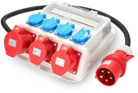 Herrselsam Répartiteur de courant de chantier 1 x CEE 32 A + 2 x CEE 16 A + 4 x 230 V 5 broches Schuko - Répartiteur mural avec disjoncteur - Étanche IP44 - Pour ateliers, usines