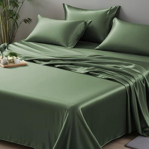 LINENWALAS Organic Vegan Bamboo Flat Sheet Only, Softest, Silky Cool Bamboo Bedding Only Flat Bed Sheet Emperor Size Luxury Flat Sheet Perfect for Skin (126x114 Inches, Avocado Green)
