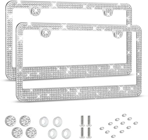 HOTOR License Plate Frame - Lastingly Bling and Sparkly License Plate Frame for Women, Stainless Steel & Obstruction-Free Frame with Multifaceted Rhinestones, White, 2 Pack