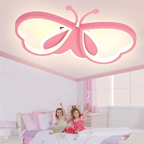 LUOLONG LED Kinder Deckenlampe Schmetterling Deckenlampe Dimmbar Acryl Deckenleuchte Kinderzimmer Kreative Mädchenzimmer Schlafzimmer Cartoon Deckenleuchte-rosa 72cm