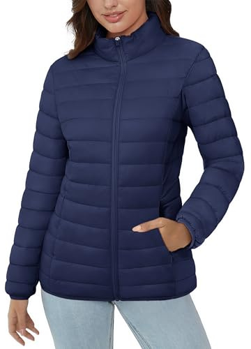 MAGCOMSEN Women's Quilted Padded Jacket with 4 Pockets Ultra-light Short Puffer Stand-collar Winter Coat, Navy Blue L