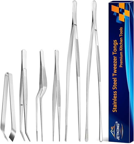 JETKONG 6 Pcs Cooking Tweezer Tongs, 12'' and 6.3 Stainless Steel Kitchen Tweezer Set, Professional Chef Tweezers for Cooking, Repairing, Sea Food, BBQ, Multi-use