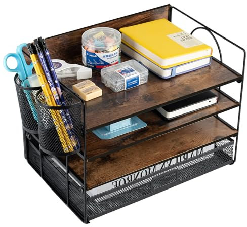 ZNMYDMT 4-stufiger Schreibtisch-Organizer und Zubehör, Papier-Briefablage-Organizer, Vintage-Holz-Schreibtisch-Akten-Organizer mit Schublade und 2 Stifthaltern für Schule, Zuhause, Bürobedarf