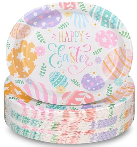 FoldTier Oster-Pappteller, groß, oval, Happy Easter, Papier-Servierschale, Geschirr, für Party, 100 Stück, 28,9 x 33 cm (Osterstil)
