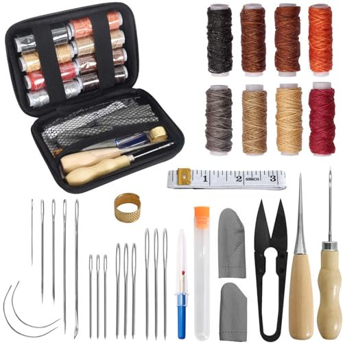 32 Stück Leder Nähen Set, Lederhandwerk Set Tragbar, Ledernadel, Wachsgarn, Fadenschere, Nähahle, Nahttrenner, Fingerhut, Maßband und Aufbewahrungstasche, DIY Leder Handwerkzeug