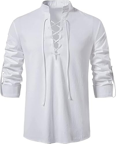 Enlision Mens Linen Shirt Classic Lace Up Long Sleeve Casual Medieval Vintage Costume