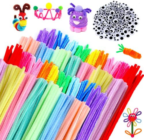 Pfeifenreiniger zum Basteln, TGKYK 500 Stück Pfeifenputzer zum Basteln mit 100 Kulleraugen, Bendable Pfeifenreiniger Pastell, Pfeiffenputzer für Kreative DIY-Projekte und Basteldeko für Kinder (30cm)