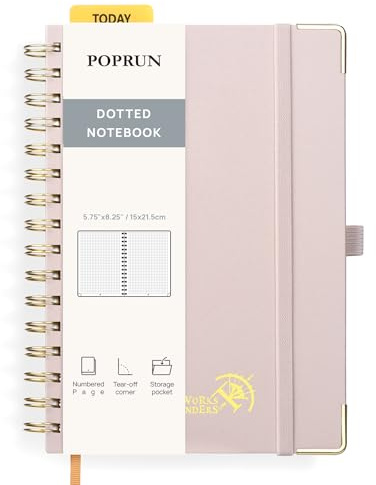 POPRUN Cuaderno de Notas con Espiral, Dotted Pages, Tamaño A5, Papel Grueso de 120 GSM, 141 Páginas Numeradas, con Bolsillo, Pestañas de Indice, 8 Hojas Perforadas, Rosa Claro