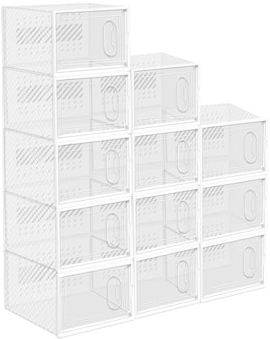 DAYOOH Schuhboxen 12 Stück Faltbar und Stapelbar Schuh Organizer aus Kunststoff für Schuhe bis Größe 44 transparent weiß