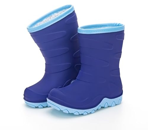 EUXTERPA Kids Winter Warm Wellies for Boys Girls, Fleece Lined Welly Thermal Waterproof Snow Boots for Children, Blue Size 11 UK Child