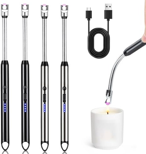 Set di 4 accendini elettrici ad arco, ricaricabili USB, al plasma, accendino lungo per candele, per accensione, barbecue, campeggio, camino (nero, grigio)