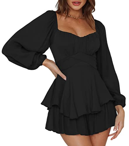 Pink Queen Damen Boho Jumpsuit Laterne Langarm Rüschenschicht Fliege Rücken Taille Mini Kleid Kurzer Strampler Schwarz M