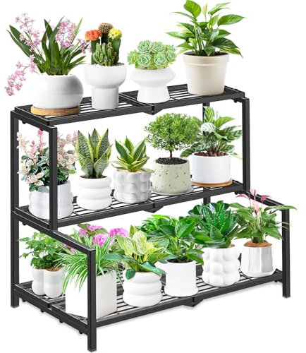 VeyFolzin.st Support pour plantes - Étagère à fleurs d'extérieur en métal - Pour balcon - Résistant aux intempéries - Escalier pour plantes - Étagère sur pied pour salon, balcon, jardin (3 étages