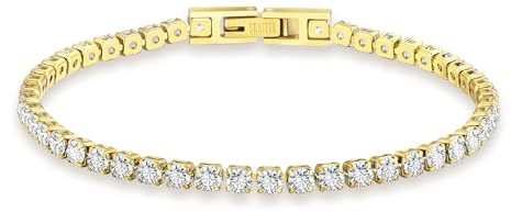 KRKC White Gold Cubic Zirconia Tennis Bracelets for Women Men, Ladies Silver CZ Diamond Bracelets, 2 3 4mm, 6.5-7.5 Inch, Jewellery Gift for Mum Daughter Wife Girlfriend Birthday (3mm-14K Gold, 7.5in)