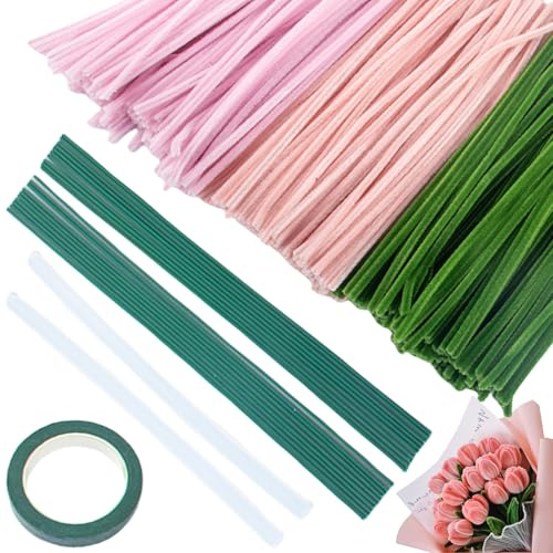 300pcs Pipe Cleaners for Craft, Pipe Cleaner Flower Kit with Flower Stems Florist Tape, 30 cm Long Pipe Cleaner, Pink Green, Pipe Cleaner Creative Set for Adults, DIY Crafts