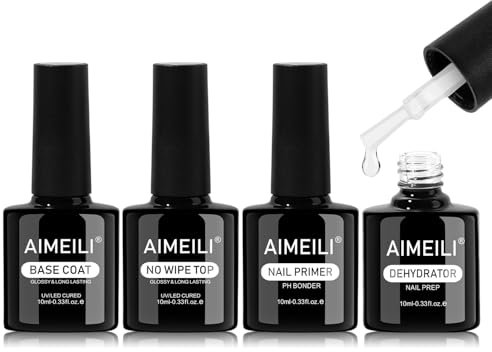 AIMEILI Nail Primer Dehydrator Base and Top Unterlack und Überlack für Nägel, Primer, Dehydrator, Top Coat und Base Coat Gel Nägel UV Soak Off Set Nail Art 4x10ml