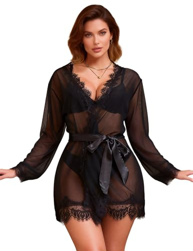 ohyeahlady Kimono Dentelle Femme Court Grande Taille Chemise De Nuit Femme Chic Léger Peignoir Ete avec Ceinture Nuisette Curvy Romantique Lingerie Et Vêtements