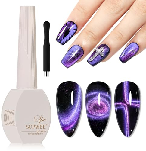 SUPWEE 9D Cat Eye Gel Nail Polish, 15ml Purple Pink Magnetic Gel Polish with Magnet Stick Magic Silky Galaxy Holographic Cat Eye Nail Polish Soak Off UV Nail Art Salon Manicure DIY at Home