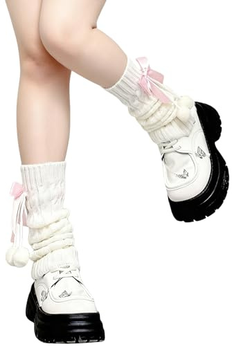 Ehuixinsheng White Cute Leg Warmers,Y2K Kawaii Pink Bow Tie Leg Warmers Fluffy Fur Ball 80s Ribbed Knit Legwarmers for Women Girls Ladies Fashion Ankle Warmers for Ballet Yoga Dance