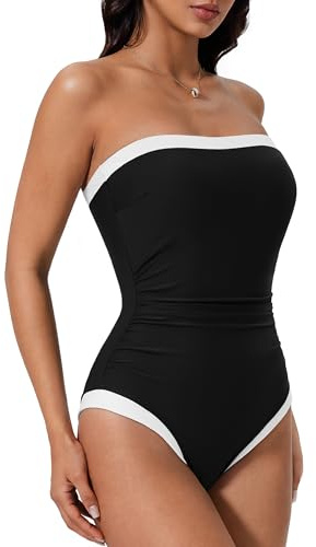 SUUKSESS Women Sexy One piece Tummy Control Swimsuit Strapless Bandeau Slimming Halter Swimwear 2025 Colorblock Backless Bathing Suit (Black,X-Large)